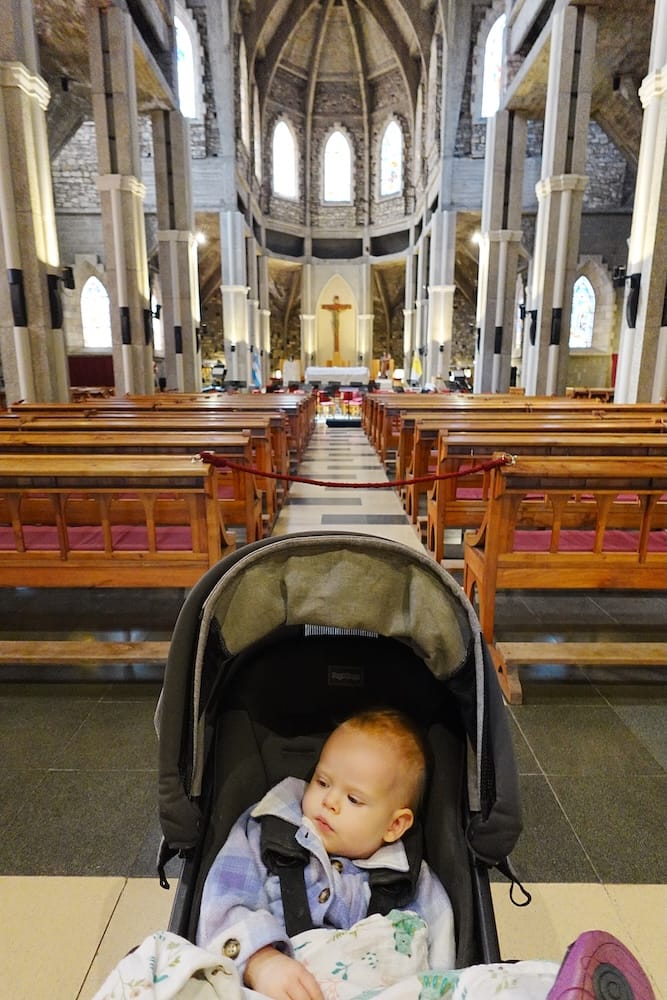 Aurelia inside Bariloche Cathedral during our visit to Bariloche, Argentina.